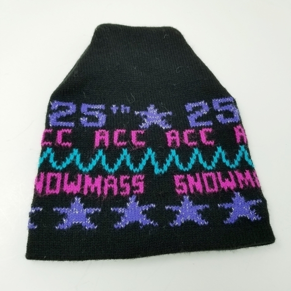Vtg Snowmass Knit Hat Black Neon Stars Snowboard Skiing Snow Aspen CO Y2K Text - Picture 2 of 3